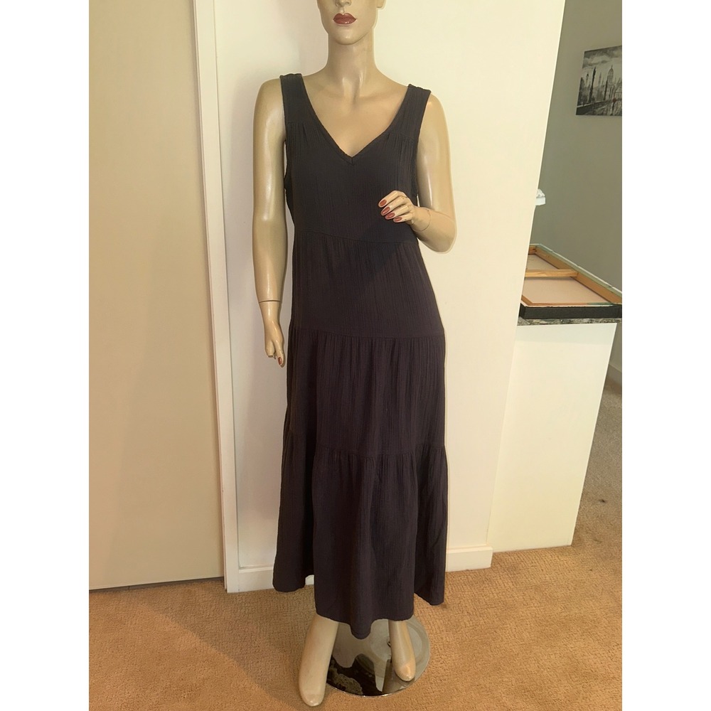 Quince Organic Cotton Gauze Tiered Maxi Dress Indigo Blue XS V-Neck Sleeveless